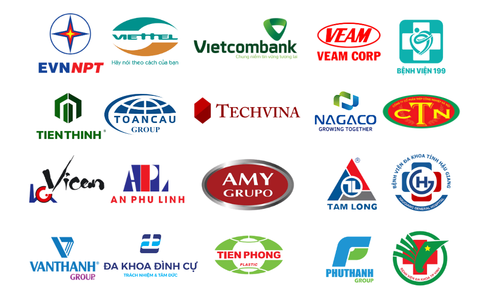 Logo doanh nghiệp đã tư vấn: EVN NPT, Viettel, Vietcombank, VEAM, Bệnh viện 199, Toàn Cầu Group, Techvina, Tam Long…