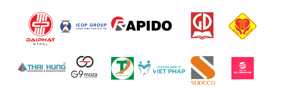 Logo doanh nghiệp đã tư vấn: Đại Phát Steel, ICOP Group, Rapido, Thái Hưng, Nha khoa Việt Pháp, SUDECO…